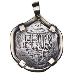 Potosi, Bolivia, cob 2 reales, Philip III, assayer not visible, Grade 2, ex-Atocha (1622), mounted c