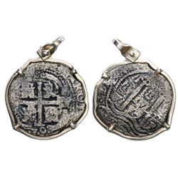 Potosi, Bolivia, cob 8 reales, 1679V, ex-Consolacion (1681), mounted cross-side out in silver bezel