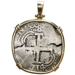 Potosi, Bolivia, cob 8 reales, 1714Y, ex-1715 Fleet, mounted cross-side out in 14K gold bezel with s