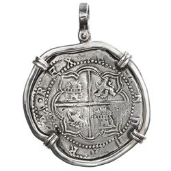 Potosi, Bolivia, cob 8 reales, Philip II, assayer A, mounted cross-side out in silver bezel with sha