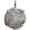 Image 2 : Potosi, Bolivia, cob 8 reales, Philip II, assayer A, mounted cross-side out in silver bezel with sha