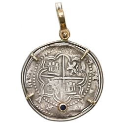 Potosi, Bolivia, cob 2 reales, Philip II, assayer B (3rd period), mounted cross-side out in silver b