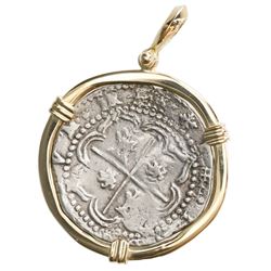 Potosi, Bolivia, cob 2 reales, Philip II, assayer B (3rd period), mounted shield-side out in 14K gol