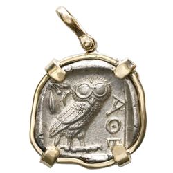 Attica, Athens, AR tetradrachm, 454-404 BC, "owl," mounted owl-side out in 14K gold bezel.