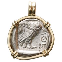 Attica, Athens, AR tetradrachm, 454-404 BC, "owl," mounted owl-side out in 14K gold bezel.