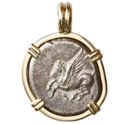 Corinth, Corinthia, AR stater, 330-300 BC, "pegasus," mounted pegasus-side out in 14K gold bezel.