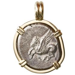 Corinth, Corinthia, AR stater, 330-300 BC,  pegasus,  mounted pegasus-side out in 14K gold bezel.