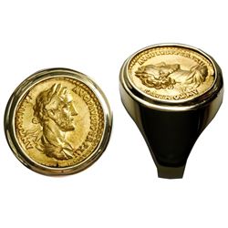 Roman Empire, AV aureus, Antoninus I Pius, 138-161 AD, mounted head-side out in 18K men's gold ring 