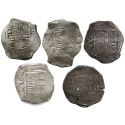 Lot of five Mexico City, Mexico, cob 8 reales, Philip IV, assayer P (where visible).