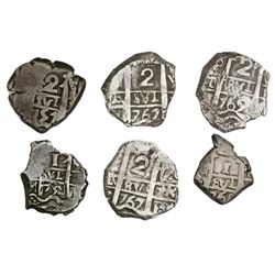 Lot of six Potosi, Bolivia, cob 2R (four) and 1R (two) of Philip V through Charles III.