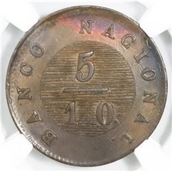 Buenos Aires, Argentina, copper 5/10 real, 1828, struck over a 1 decimo of 1822-23, NGC UNC details