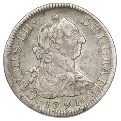 Santiago, Chile, bust 2 reales, Charles IV (bust of Charles III, ordinal IIII), 1791DA.