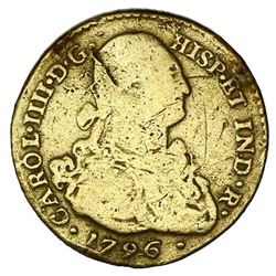 Popayan, Colombia, gold bust 2 escudos, Charles IV, 1796JF.