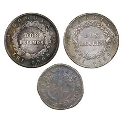 Lot of three Colombia coins: 2 reales, 1852; 2 decimos, 1857; 1 real, 1830.