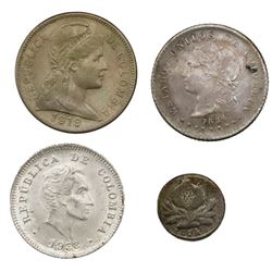 Lot of four Colombia coins: Popayan, silver 1/4 decimo, 1874; Bogota, silver 10 centavos, 1884; copp