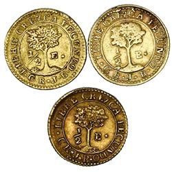 Lot of three Costa Rica (Central American Republic) gold 1/2E, assayers JB: 1846, 1847 and 1848.