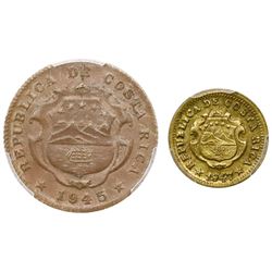 Lot of two Costa Rica coins: bronze 25 centimos, 1945BN-CR, PCGS AU58; brass 5 centimos, 1947BN-CR,