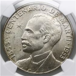 Cuba, peso, 1953, Marti centennial, NGC MS 64.