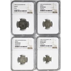 Lot of four Quito, Ecuador, silver minors in NGC slabs: 2 reales, 1835GJ, Fine 12; 1 real, 1833GJ, V