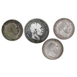 Lot of four Prussia (German States) coins of Wilhelm I: taler, 1865-A, 1866-A, and 1869-A; 5 mark, 1