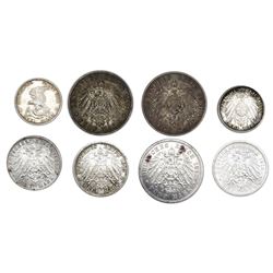 Lot of eight Prussia (German States) coins of Wilhelm II: 5 mark, 1904-A, 1907-A, 1913-A; 3 mark, 19