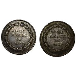 Lot of two Guatemala 1R-sized silver proclamation medals of 1847, both coin axis.