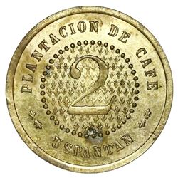 San Miguel Uspantan (El Quiche Dept), Guatemala, brass 2 reales coffee token, Finca San Jose del Soc