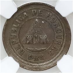 Honduras, copper 1 centavo, 1890, denomination UN/10, NGC AU 58 BN, ex-O'Brien.