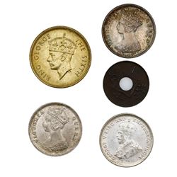 Lot of five Hong Kong coins: silver 10 cents, 1874-H, 1897-H; bronze 1 mil, 1866; copper-nickel 10 c