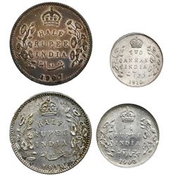 Lot of four British (India) coins of Edward VII: Bombay, 1/2 rupee, 1907; Calcutta, 1/2 rupee, 1910;