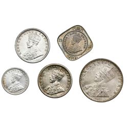 Lot of five India (British) coins of George V: Bombay, rupee, 1912; Calcutta, 1/2 rupee, 1936 (two);