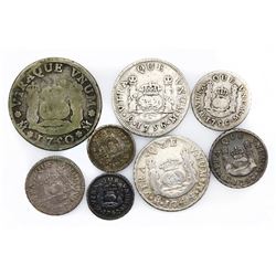 Lot of eight Mexico City, Mexico, pillar minors (one 4R, two 2R, three 1R and two 1/2R) of Philip V,