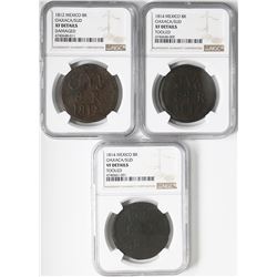 Lot of three Oaxaca (Morelos/SUD), Mexico, copper 8 reales: 1812, NGC XF details / damaged; 1814, NG