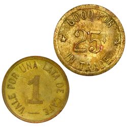 Lot of two Panama brass coffee tokens: Nemesio Ledesma, La Esperanza, Boquete, vale por una lata de 