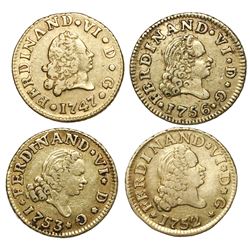 Lot of four Madrid, Spain, gold bust 1/2 escudos of Ferdinand VI, assayer JB: 1747, 1752, 1753, 1756