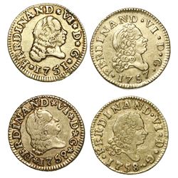Lot of four Spanish gold bust 1/2 escudos of Ferdinand VI, as follows: Madrid, 1757JB and 1758JB; Se