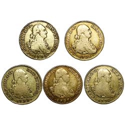 Lot of five Madrid, Spain, gold bust 1 escudos, Charles IV, assayer MF, dates as follows: 1791, 1793