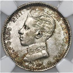 Madrid, Spain, 1 peseta, Alfonso XIII, 1903SMV with 19-03 inside stars, NGC MS 63.