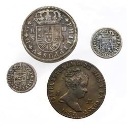 Lot of four Spanish milled minors: Seville, 2 reales, 1724; Seville, 1/2R, 1735 and 1750; Segovia, c