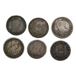 Lot of six Spanish colonial (various mints) pillar and bust 1R, as follows: Potosi, 1770JR; Santiago