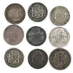 Lot of nine Spanish colonial (various mints) bust 1R, as follows: Potosi, 1777PR; Bogota, 1802JJ, 18