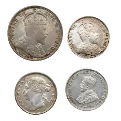 Lot of four Straits Settlements coins: 20 cents, Edward VII, 1903; 10 cents, Victoria, 1882-H; 10 ce