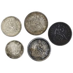 Lot of five U.S. silver coins: 1850 dime, 1854 with arrows dimes (two), 1853 half dime, and 1852 3 c