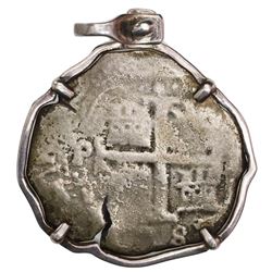 Potosi, Bolivia, cob 8 reales, (167)8E, ex-Consolacion (1681), mounted in sterling silver bezel.