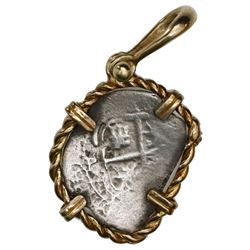 Potosi, Bolivia, cob 1 real, 1666E, ex-Consolacion (1681), mounted in twisted-wire 14K gold bezel wi