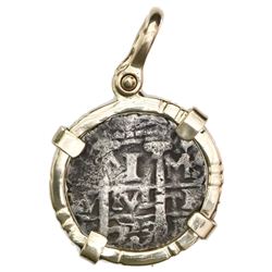 Potosi, Bolivia, cob 1 real, 1739M, mounted pillars-side out in 14K gold bezel with shackle bail.