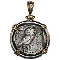 Attica, Athens, AR tetradrachm "owl," 454-404 BC, mounted owl-side out in silver bezel with 14K gold