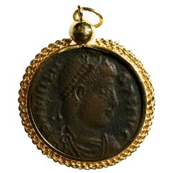 Roman Empire, AE 3, Valens, 364-378 AD, Thessalonica mint, mounted head-side out in non-custom 18K g