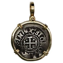 Portugal, 40 reis, Afonso VI, mounted cross-side out in 14K gold bezel with shackle bail.