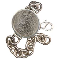 Madrid, Spain, milled 2 reales "pistareen," Philip V, 1721A, mounted in silver-link men's bracelet,